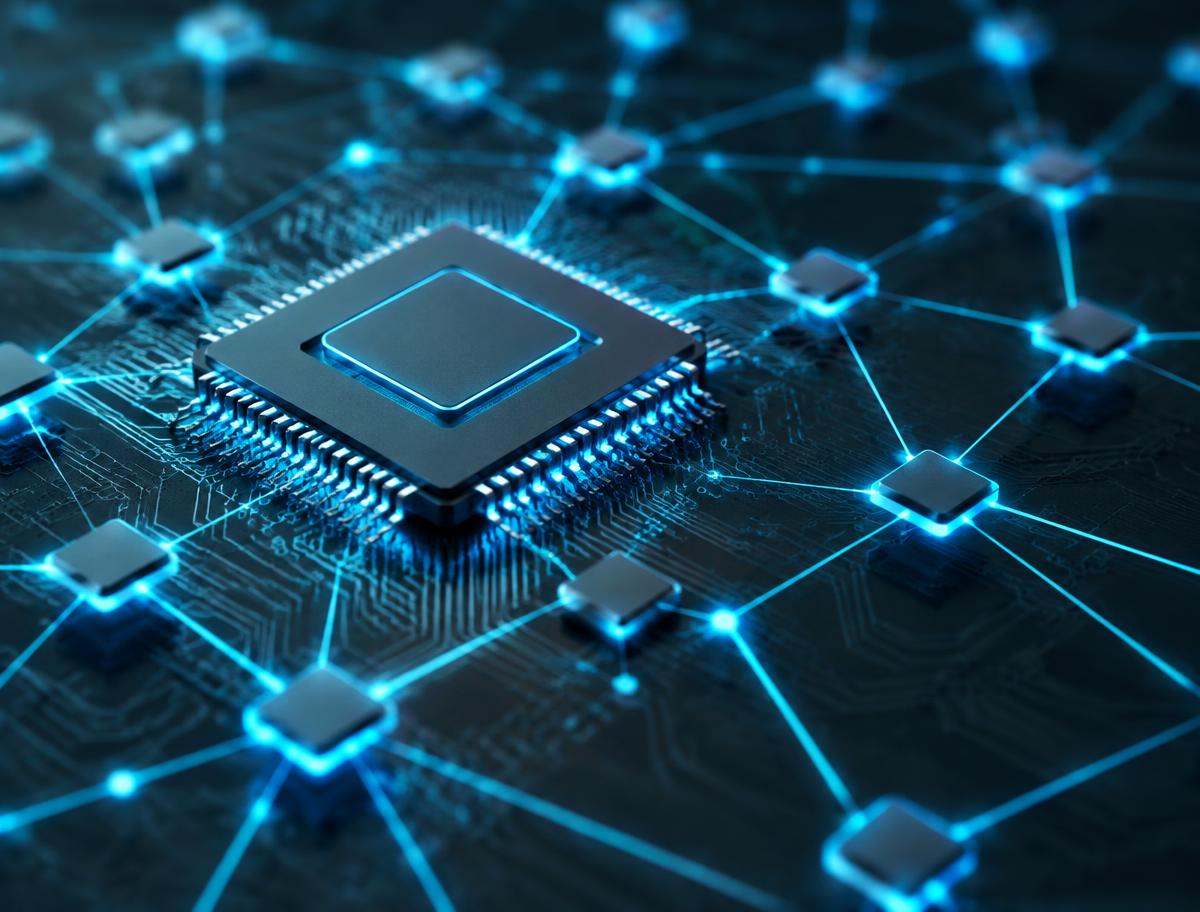 Macro view of a microchip connected to a network of glowing cyan nodes on a circuit board