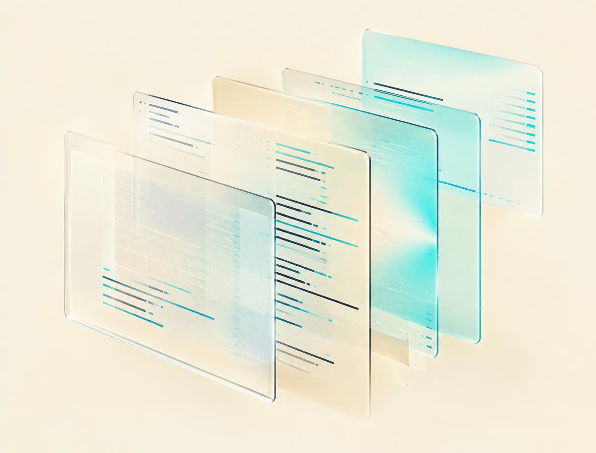 Layered translucent glass panels with abstract code line patterns on an ivory background